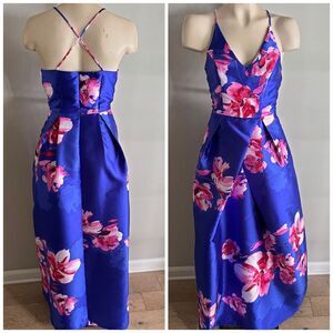 By & By Floral Satin Midi Dress Small Criss Cross Back Wedding Guest Cocktail